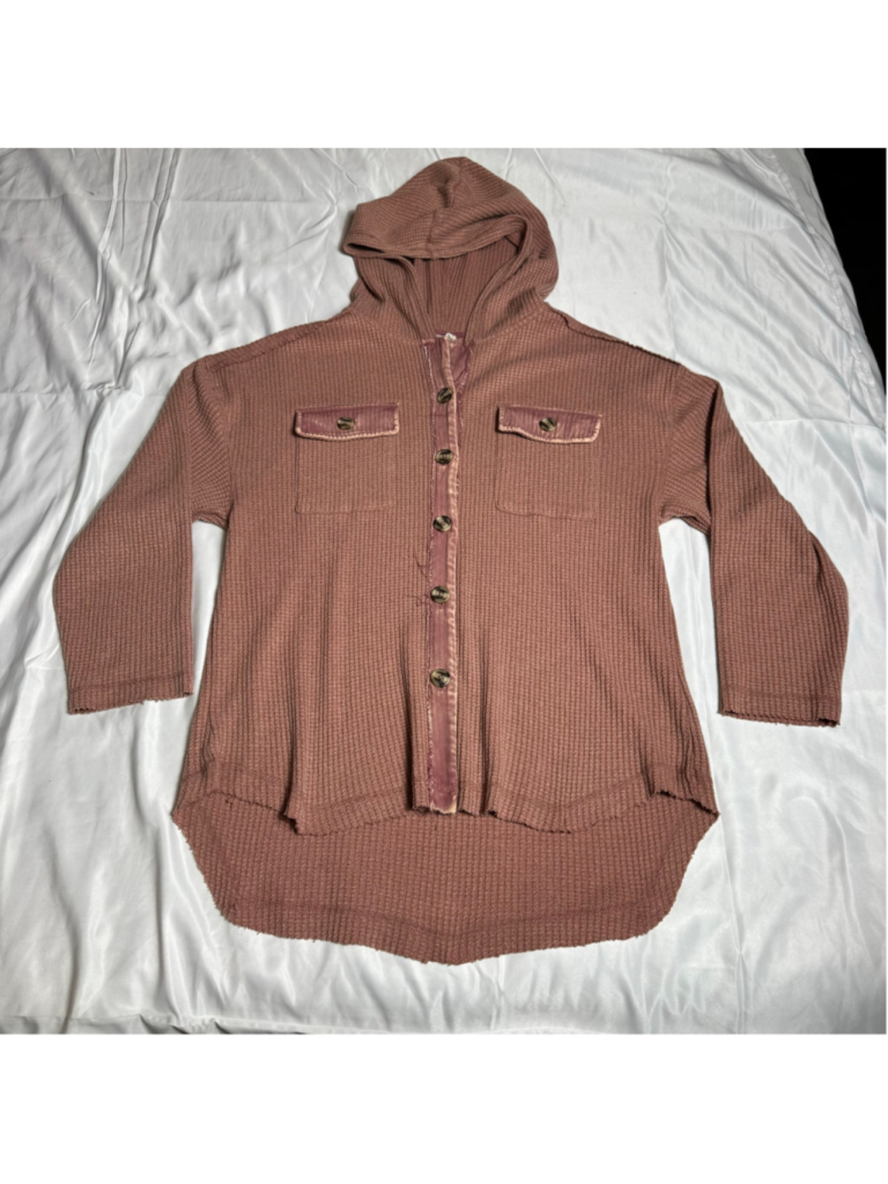 Women's New In Mauve Waffle Knit Button-Up Hoodie Top Size S